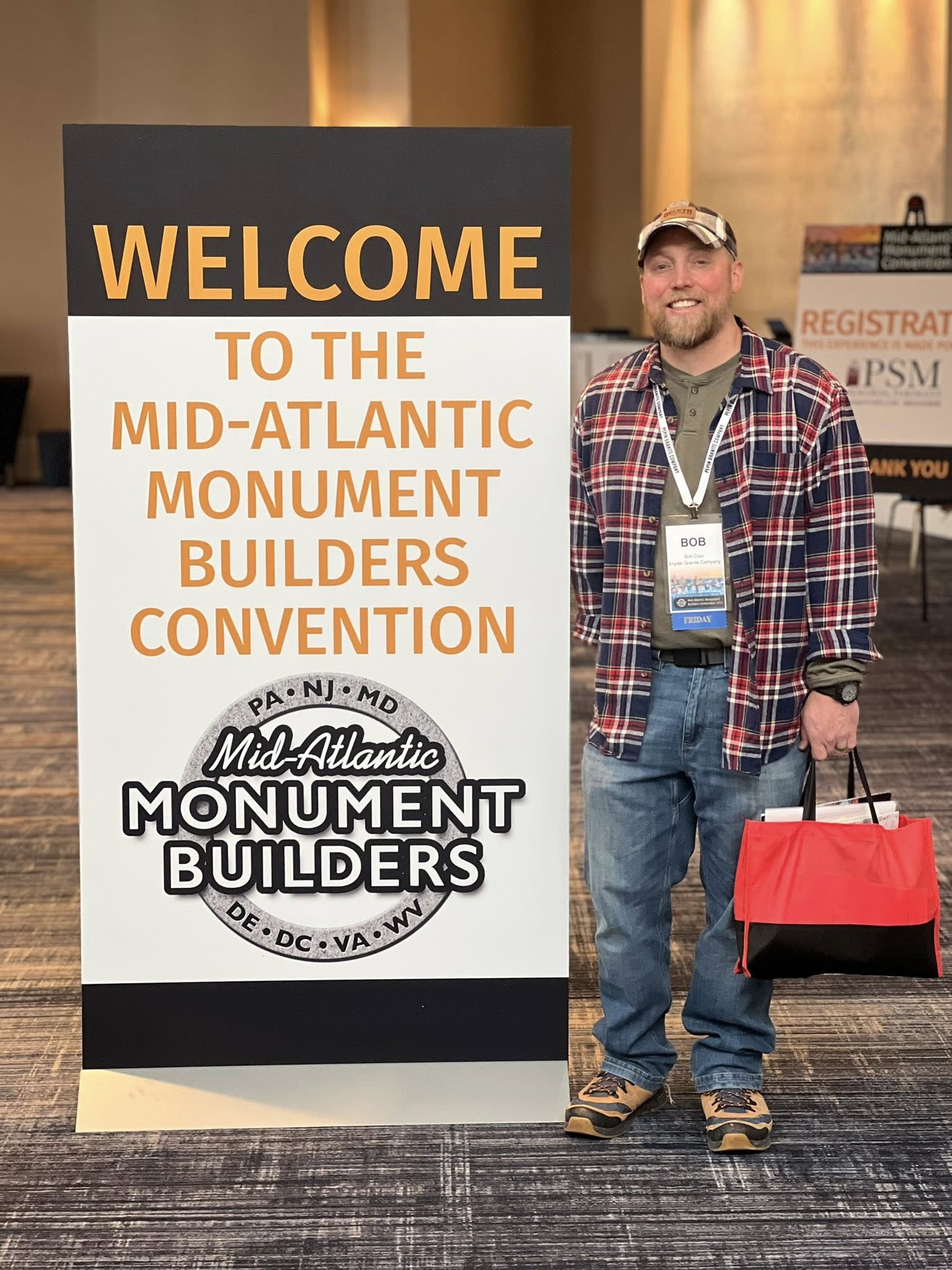 Bob Cicci's welcome sign at the Mid-Atlantic Monument Builders Convention, Baltimore, January 2026