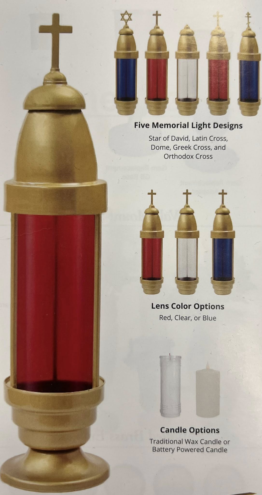 Snyder Granite marketing card listing five memorial light designs, three lens colors, and candle options